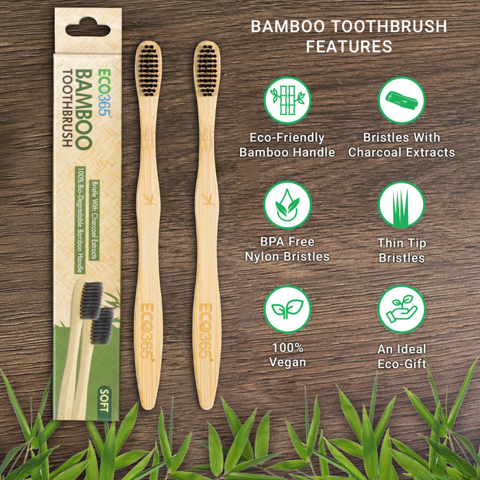 BAMBOO CHARCOAL TOOTHBRUSH - ECO FRIENDLY GIFT- HANDMADE - NATURAL DENTAL CARE PACK OF 2 - ECO365