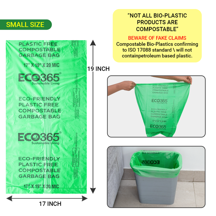 Home Compostable Garbage Bags - 17x19 Small (Certified By Govt, Pack of 9=135pcs) - ECO365