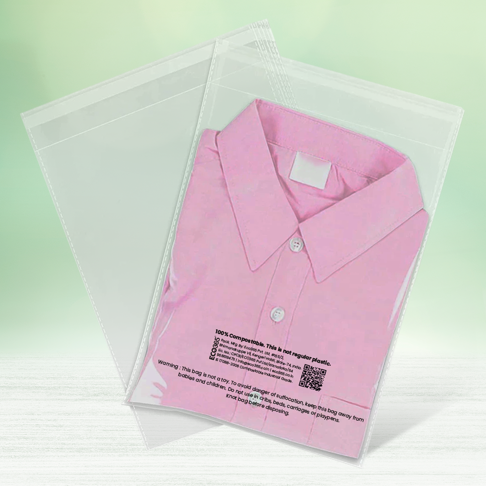 Compostable Transparent Flap Bags for Shirts, T-Shirts, Garments - (Size: 15"x15"+2"Flap, 20Micron)