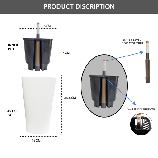 Self Watering Decor Planter Pot with Water Level Indicator (15.5x26.5cm,Matt Finish) - ECO365